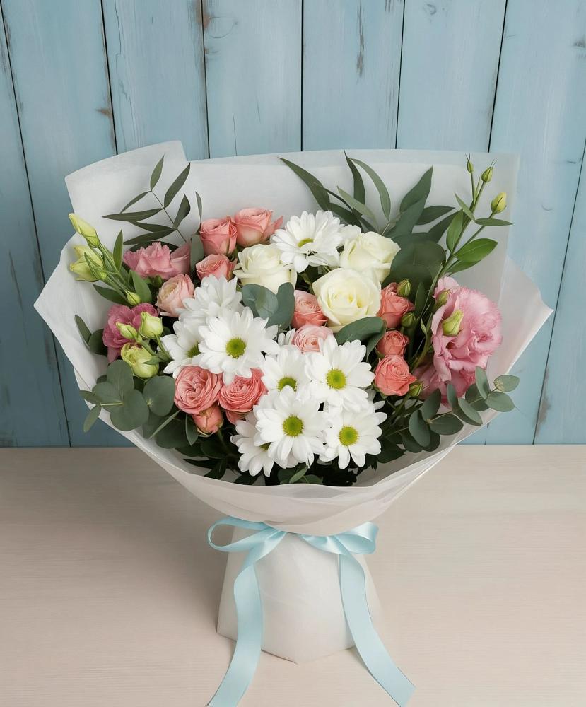 Букет цветов из: Розы, Лизиантусы и Хризантемы в Кокреке