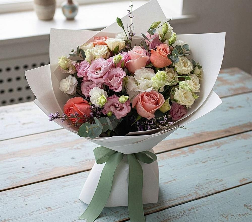 Букет цветов из: Розы, Лизиантусы и Гвоздики в Кокреке