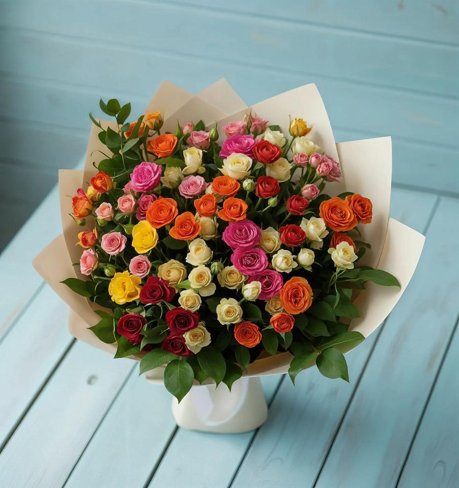 Букет Микс из разноцветных кустовых роз в Кокреке