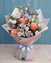 Букет цветов из:  Лизиантусы, Розы, Альстромерии и Гипсофила в Кокреке