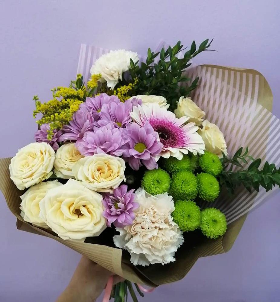 Букет цветов из: Хризантемы, Розы, Гвоздики и Герберы в Кокреке